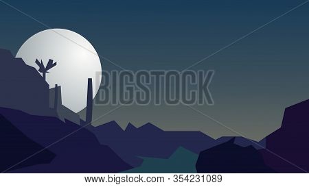 Gloomy Landscape With A Huge Moon And A River. Vector Illustration.