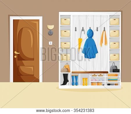 Vector Interior Of Home Hallway With Wardrobe In Cartoon Style. Template Of Entrance Of House With B