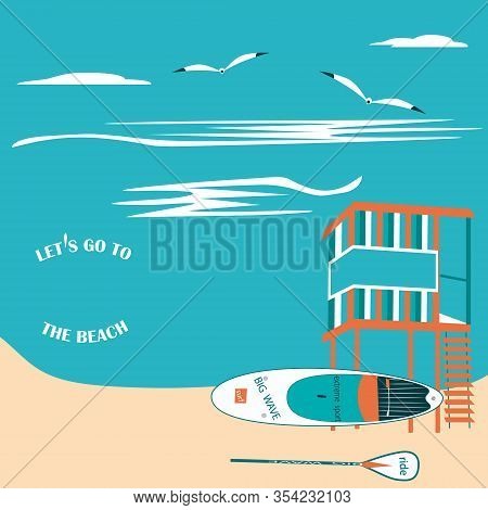 Lifeguard Box - Seascape, Surfboard, Seagulls - Vector. Tourism. Journey. Surfer Ride.
