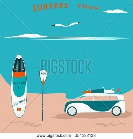 Sea Landscape, Car, Surfboard, Seagulls - Vector. Tourism. Journey. Surfer Ride.