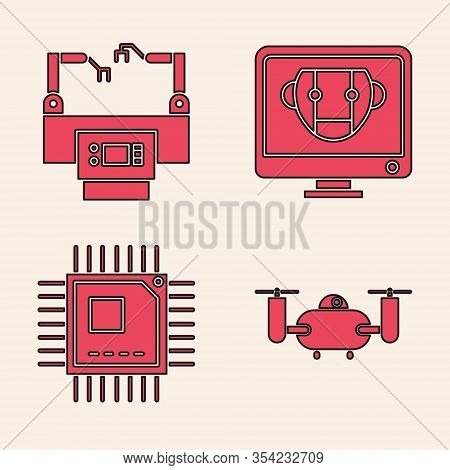 Set Drone Flying With Action Camera, Assembly Line, Bot And Processor With Microcircuits Cpu Icon. V