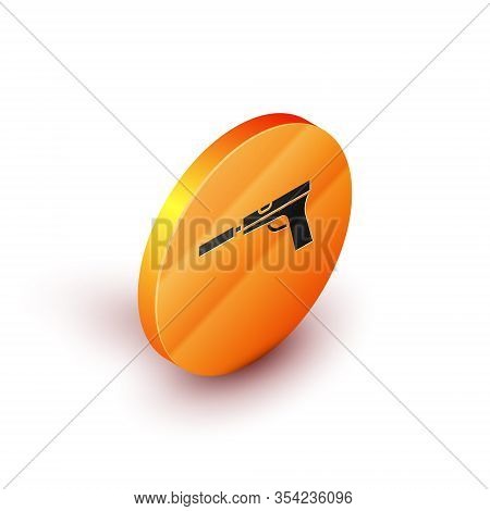 Isometric Pistol Or Gun With Silencer Icon Isolated On White Background. Orange Circle Button. Vecto