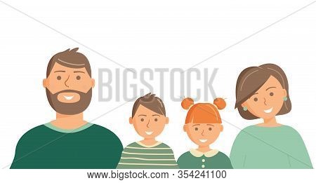 Happy Cute Family Portrait Of Parents And Kids: Father, Mother, Son And Daughter In Green Clothing I