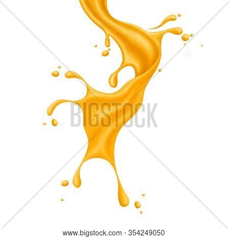 Yellow Mango Juice Splash Realistic Illustration, Liquid Flowing In Motion, Isolated On White Backgr