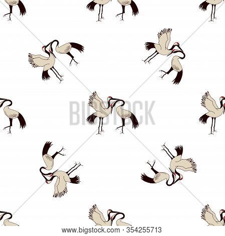Beautiful Crane, Great Design For Any Purposes. Wild Bird Seamless. Simple Vector Pattern. Colorful 