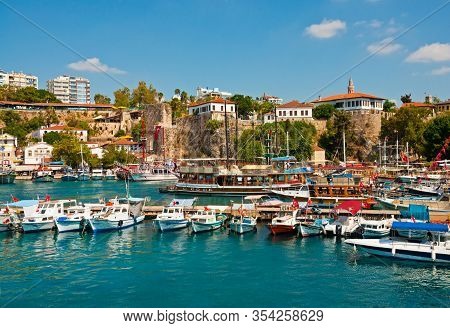 Antalya, Turkey - September 26, 2019: Ships In The Old Harbour In Kaleici, Antalya,turkey
