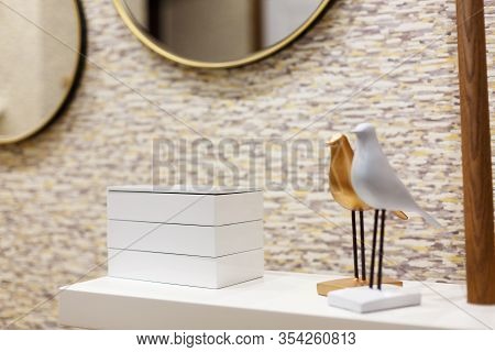 White Wooden Casket In The Interior With Mirrors.