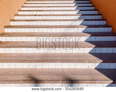 Beautiful Concrete Staricase With Tiles Outdoors. Image Made On Mobile Phone