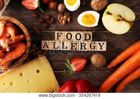 Allergy Food Concept. Allergy Food As Almonds, Milk, Cheese, Strawberry, Seeds, Eggs, Peanuts And .c
