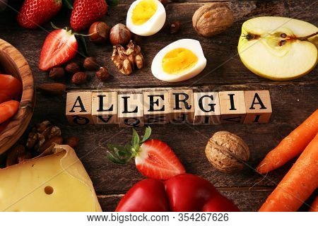 Allergy Food Concept. Allergy Food As Almonds, Milk, Cheese, Strawberry, Seeds, Eggs, Peanuts And .c