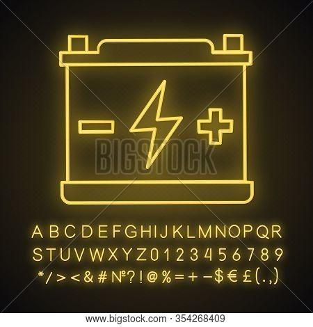 Accumulator Neon Light Icon. Automotive Battery. Glowing Sign With Alphabet, Numbers And Symbols. Po