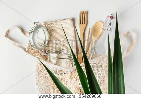 Zero Waste, Plastic-free And Eco-friendly Lifestyle. Cotton Mesh Bag, Glass Bottle, Jar And Bamboo C