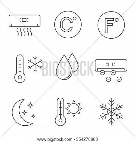 Air Conditioning Linear Icons Set. Conditioner, Celsius, Fahrenheit, Winter And Summer Temperature, 