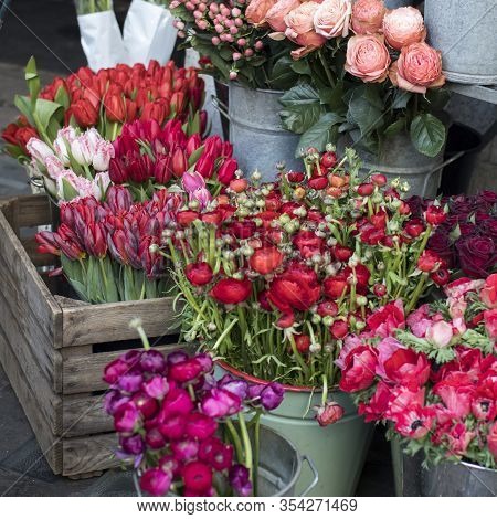 Square Format. Red Flowers For Sale At Flower Shop