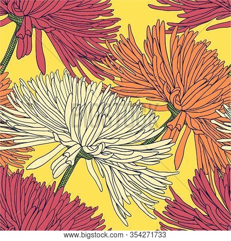 Seamless Pattern With Chrysanthemums In Red Orange Beige On Yellow For Decoration Textile And Cloth 