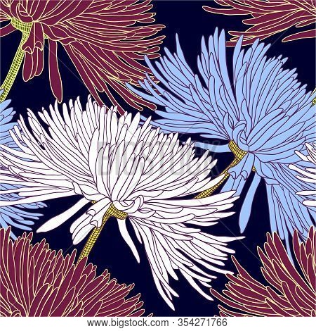Seamless Pattern With Chrysanthemums In Colorful On Dark For Decoration Textile And Cloth Or For Wal