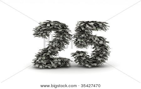 Number  25  from dollars on white background