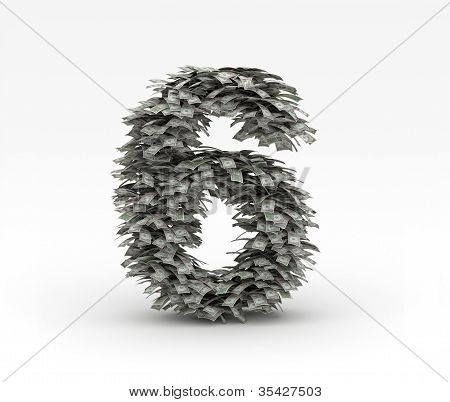 Number 6   from dollars on white background