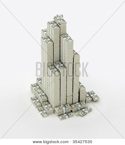Tall large heap of money on white background