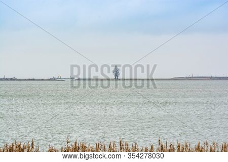 Lelystad, Netherlands - January 09, 2020.   Antony Gormley Exposure Statue - Huge Statue Sitting On 