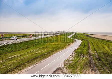 Lelystad, Netherlands - January 09, 2020. Road Between Markermeer And Ijsselmeer In Winter