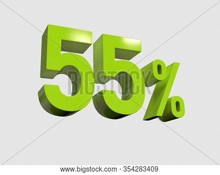 3d Render: Green 55% Percent Discount 3d Sign on Light Background, Special Offer 55% Discount Tag, Sale Up to 55 Percent Off, Fifty-five Percent Letters Sale Symbol, Special Offer Label, Sticker, Tag