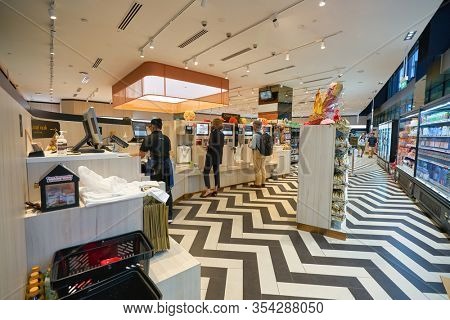 SINGAPORE - JANUARY 20, 2020: self-checkout facilities at Jasons Deli in the Shoppes at Marina Bay Sands. Jasons Deli is a supermarket and delicatessen.