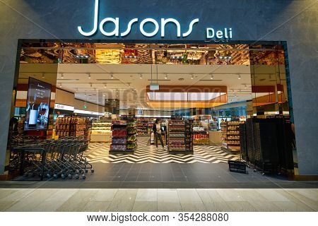 SINGAPORE - JANUARY 20, 2020: Jasons Deli sign over a store entrance in the Shoppes at Marina Bay Sands. Jasons Deli is a supermarket and delicatessen.