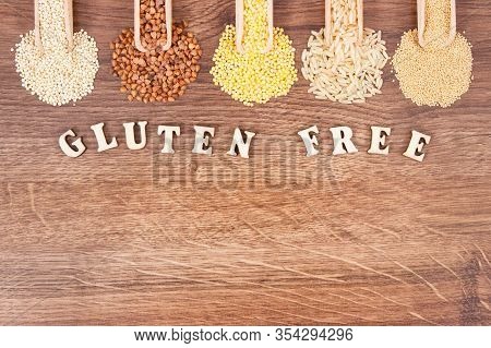 Inscription Gluten Free And Fresh Nutitious Ingredients With Scoop, Concept Of Healthy Food And Nutr
