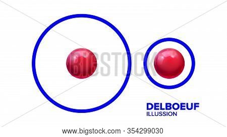 Optical Delboeuf Illusion Balls In Round Vector. Visual Illusion With Smaller Or Bigger Glossy Red S