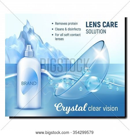 Crystal Clear Vision Advertising Banner Vector. Contact Lens In Crystal Water With Bubble, Blank Liq