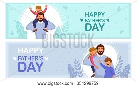 Set Greeting Cards Happy Fathers Day. Cartoon Photo Of Father, Red-haired Son And Daughter Hugging T