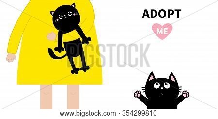 Adopt Me. Girl Holding Cat Kitten. Cute Cartoon Funny Baby Chatacter. Hanging Body Paw Print, Tail. 