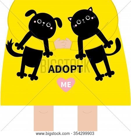 Adopt Me. Girl Hand Holding Cat Kitten And Dog Set. Cute Cartoon Funny Baby Chatacter. Hanging Body 