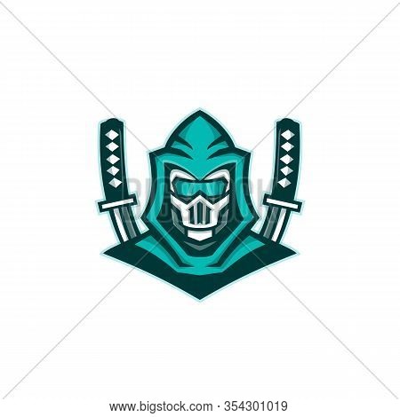 Mascot Icon Illustration Of Head Of A Cyborg Ninja Or Cybernetic Organism, With Samurai Sword Viewed