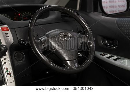 Novosibirsk, Russia -  January 24, 2020: Toyota Ractis, Close-up Of The Dashboard, Player, Steering 