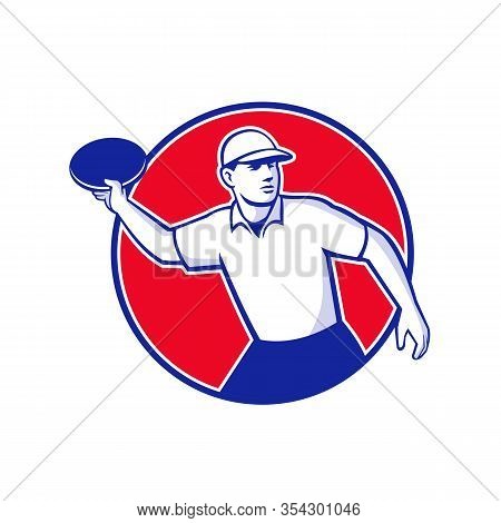 Mascot Icon Illustration  Of An Disc Golf Player Throwing A Flatball Or Set Inside Circle Shape View
