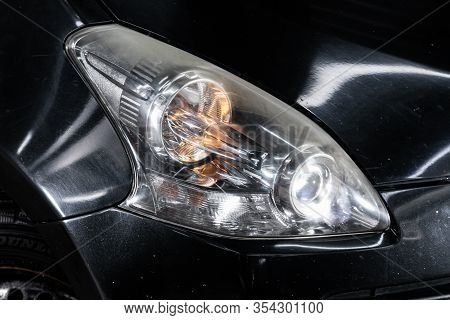 Novosibirsk, Russia -  January 24, 2020: Toyota Ractis, Detail Light Close Up Of On New Car. Exterio