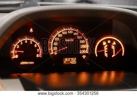 Novosibirsk, Russia -  January 15, 2020: Nissan Xtrail,  Close Up Instrument Automobile Panel With O