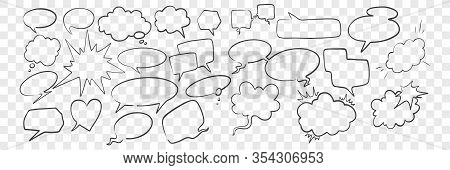 Doodle Speech And Dream Bubbles Set. Collection Of Scattered Pencil Hand Drawn Speech Dream Bubbles.