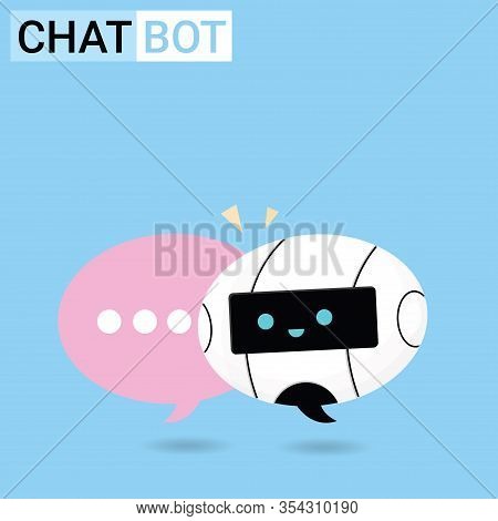 Chat Bot Robot Talking With Bubble Banner To Answer User's Question, Chatter Or Chatterbot Support S
