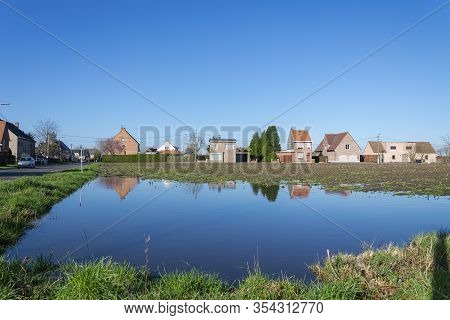 Sint Gillis Waas Belgium, 03 March 2020. Due To The Heavy Rain Flooded Fields And Are Full Of Water,