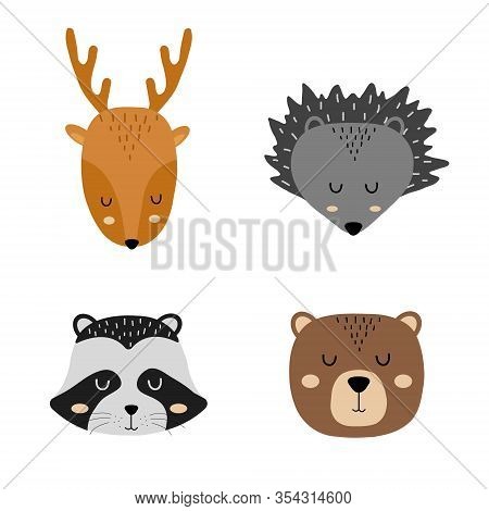 Set Of Cute Hand Drawn Slleping Animals - Deer, Hedgehog, Raccoon And Bear. Cartoon Zoo. Vector Illu
