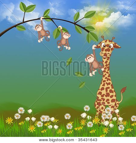 Giraffe mit niedlichen Affen
