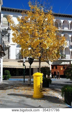 Osuna, Spain - November 13, 2008 - Autumn Tree And Yellow Post Box In The Town Square (plaza Mayor),