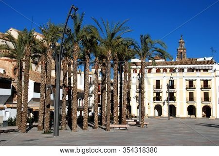 Ecija, Spain - November 13, 2008 - Buildings And Palm Trees In The Plaza De Espana, Ecija, Spain - N