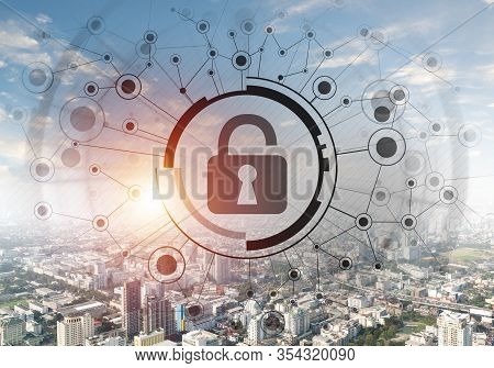 Global Cybersecurity Mixed Media With Virtual Locking Padlock On Cityscape Background. Data Cryptogr
