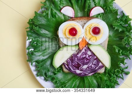 Children Food, Creative And Funny Tasty Sandwich For Breakfast, Cute Owl Made Of Toast Bread Decorat