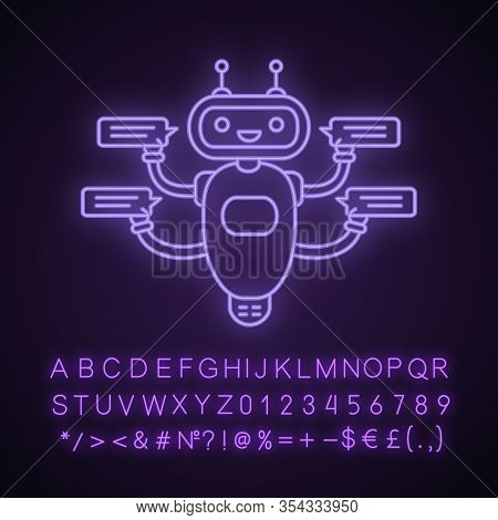 Chatbot With Speech Bubbles Neon Light Icon. Talkbot Chatting To Several Users. Customer Support Ser