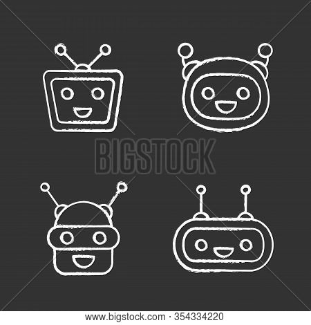 Chatbots Chalk Icons Set. Talkbots. Laughing Virtual Assistants Collection. Conversational Agents. M